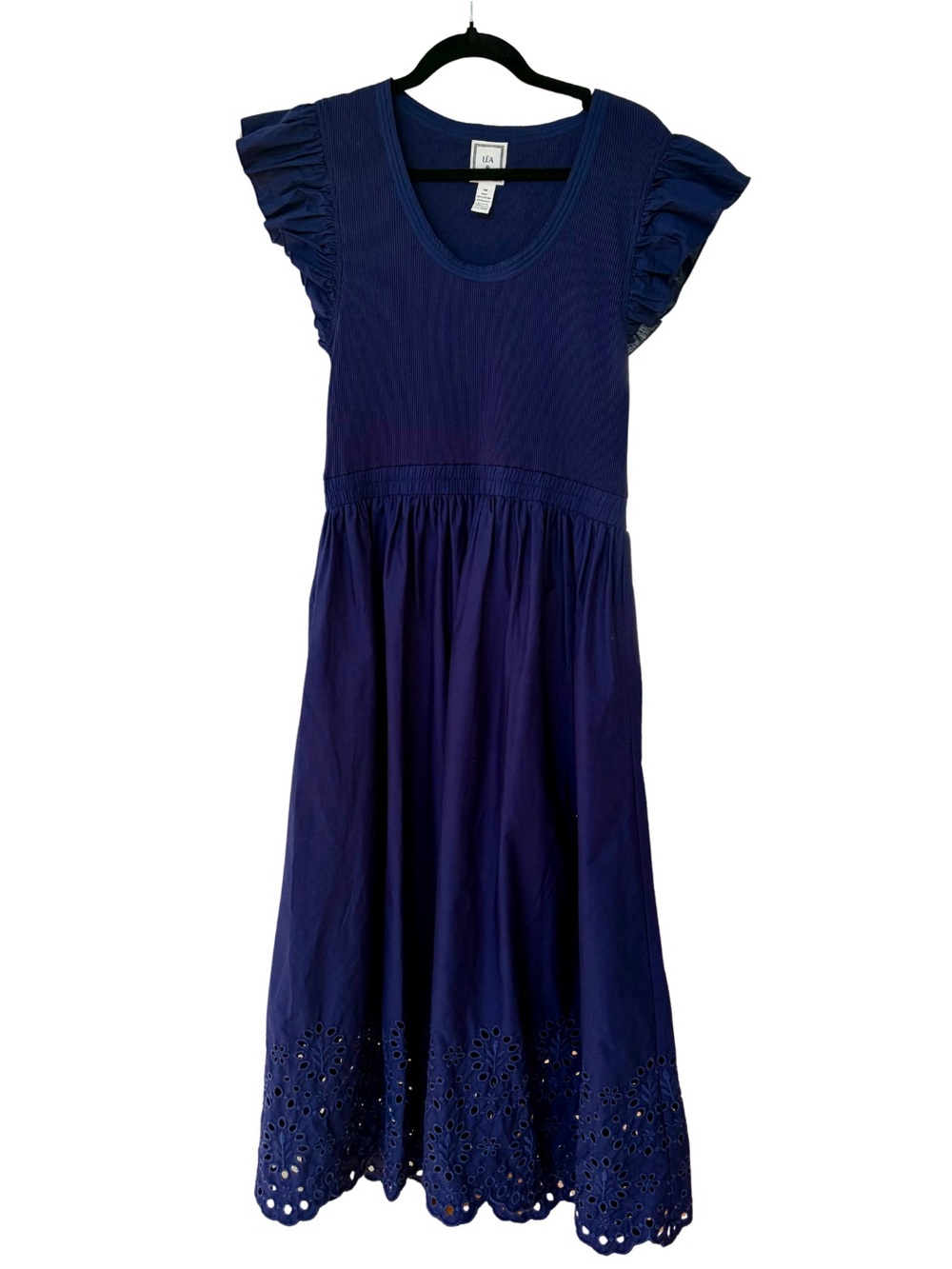 LÉA Navy Blue Eyelet Midi Dress Ruffle Sleeve Cotton Size M